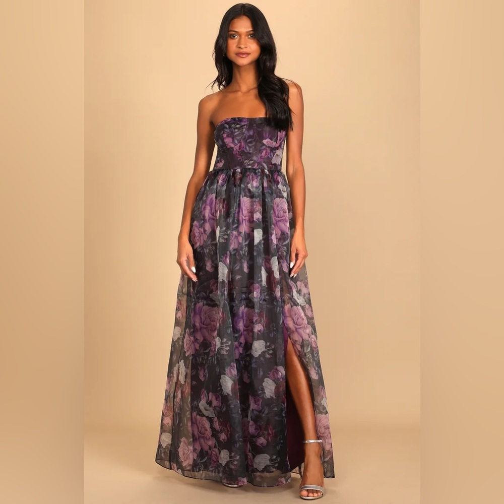 Lulu’s Wonderful Waltz Purple Floral Print Strapless Bustier Maxi Dress